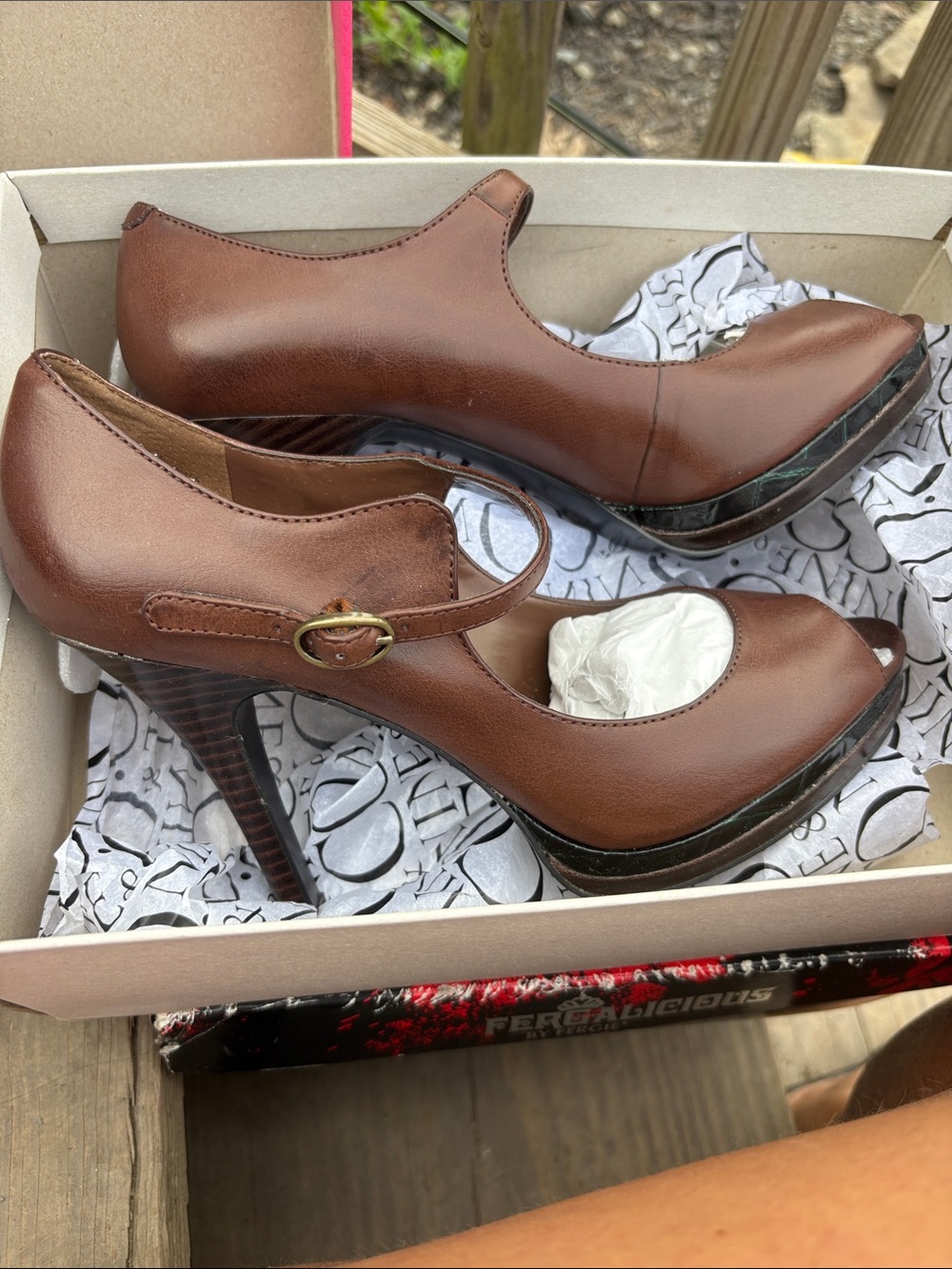 Nine & Co. Brown Peep-Toe Mary Jane Platform Heels
